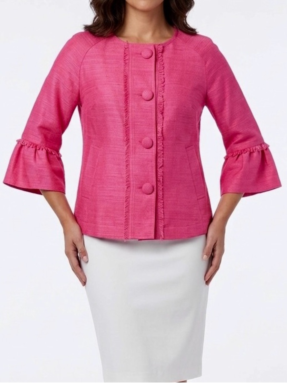 SARA CAMPBELL Raglan Matka Silk Fringe Jacket w Pockets Coral Pink Preppy Blazer